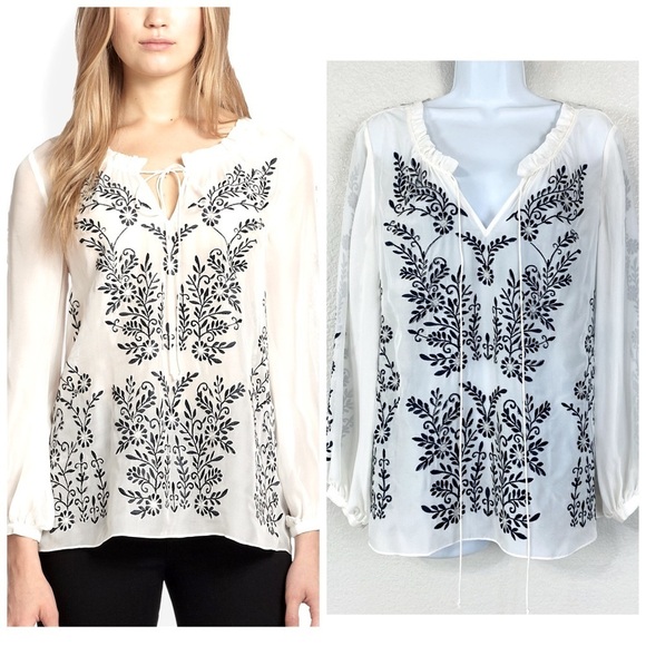 Alice + Olivia Blue/White Preston Embroidered Long Sleeve Peasant Top Size S - Picture 1 of 9